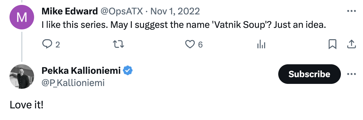November 1, 2022: Twitter user Mike Edward suggests the name “Vatnik Soup” to Pekka Kallioniemi