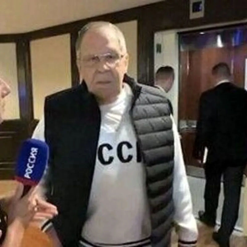 Sergey Lavrov, Russian Minister of Foreign Affairs, in Alaska, in 2025, with a “CCCP” (Soviet Union) sweatshirt.