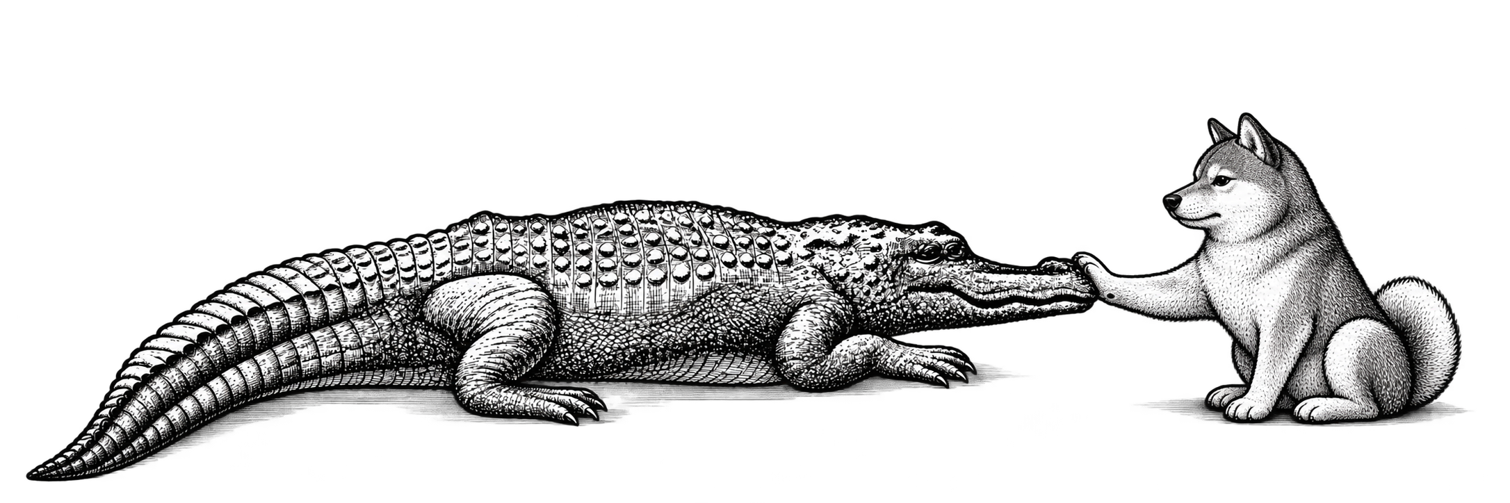 The crocodile recalls Winston Churchill’s warning to neutral countries in a radio broadcast on 20 January 1940: “Each one hopes that if he feeds the crocodile enough, the crocodile will eat him last.” The Shiba Inu represents a fella of NAFO, the North Atlantic Fella Organization, a volunteer movement supporting Ukraine and countering Russian propaganda. Its paw against the crocodile’s snout represents resistance to aggression.