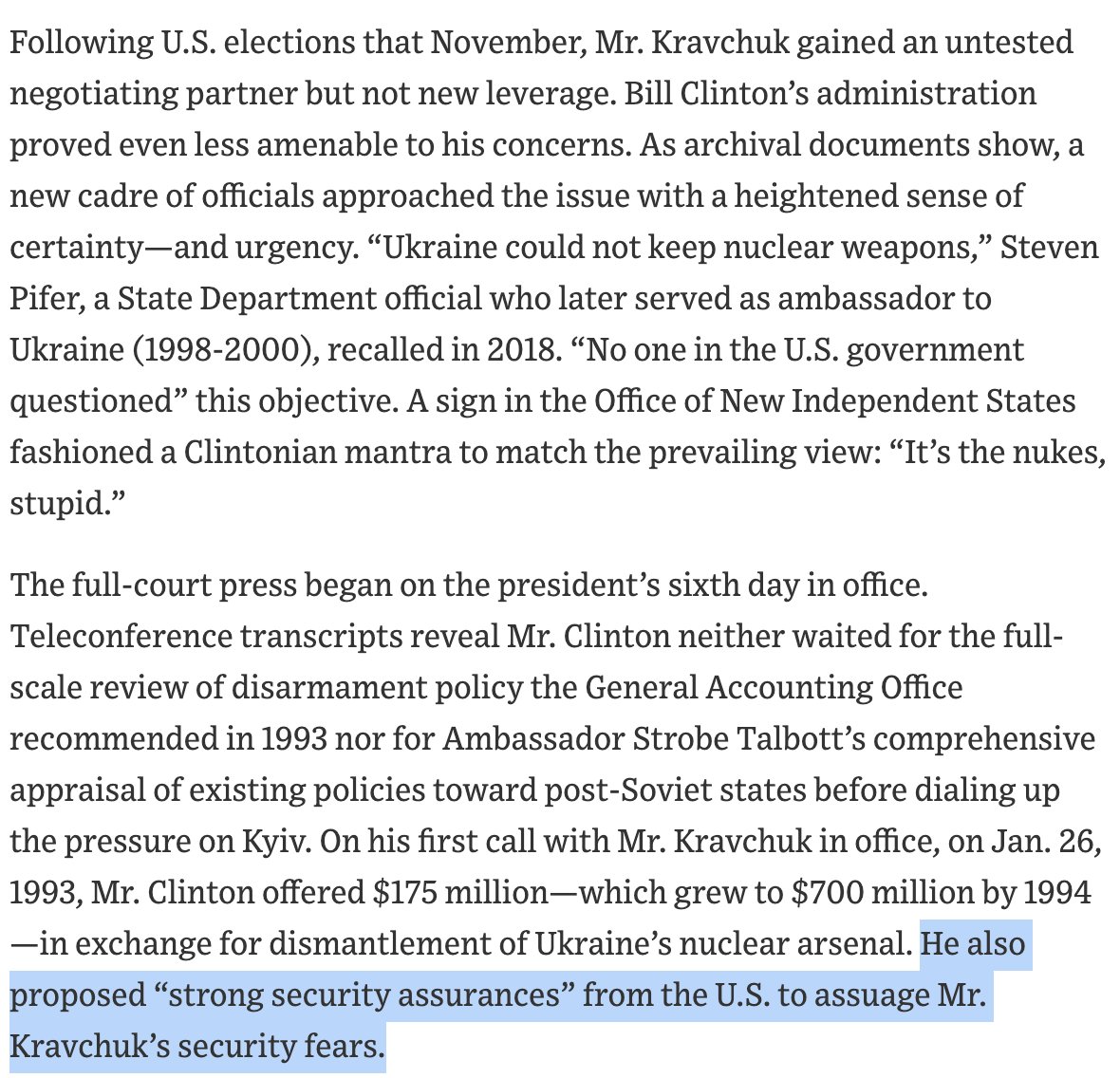 “How Bill Clinton Sealed Ukraine’s Fate” https://www.wsj.com/articles/how-bill-clinton-sealed-ukraines-fate-disarmament-nuclearweapons-power-america-russia-kyiv-11648217959