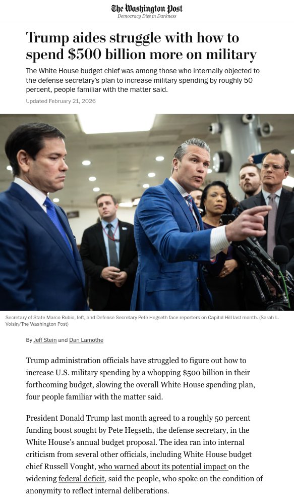 Trump aides struggle with how to spend $500 billion more on military, Washington Post https://www.washingtonpost.com/business/2026/02/21/trump-hegseth-budget-military/