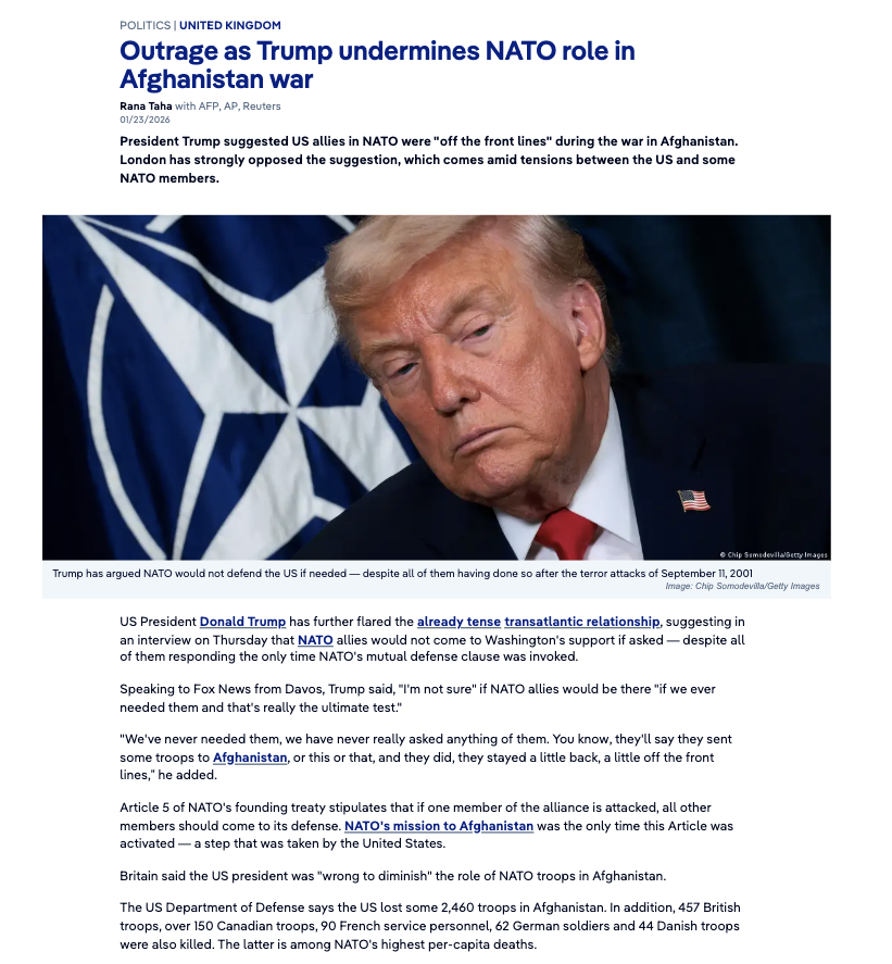Outrage as Trump undermines NATO role in Afghanistan war https://www.dw.com/en/outrage-as-trump-undermines-nato-role-in-afghanistan-war/a-75630017