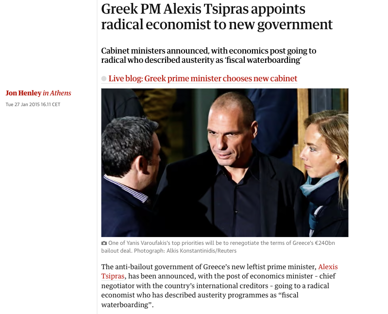 Greek PM Alexis Tsipras appoints radical economist to new government https://www.theguardian.com/world/2015/jan/27/greek-pm-alexis-tsipras-economist-yanis-varoufakis
