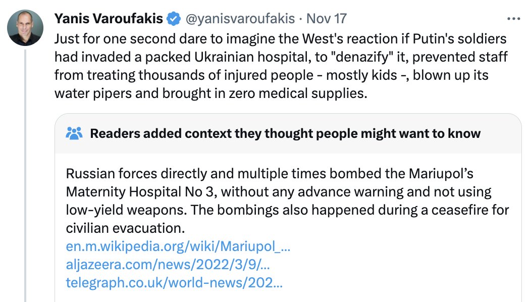 Yanis Varoufakis: Just for one second dare to imagine the West's reaction if Putin's soldiers had invaded a packed Ukrainian hospital, to "denazify" it, prevented staff from treating thousands of injured people - mostly kids -, blown up its water pipers and brought in zero medical supplies. https://x.com/yanisvaroufakis/status/1725184386419564652