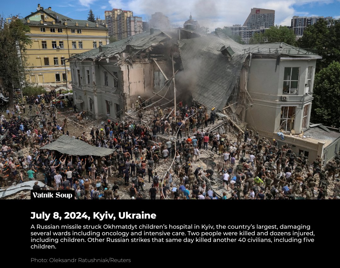 July 8, 2024, Kyiv, Ukraine A Russian missile struck Okhmatdyt children’s hospital in Kyiv, the country’s largest, damaging several wards including oncology and intensive care. Two people were killed and dozens injured, including children. Other Russian strikes that same day killed another 40 civilians, including five children. Photo: Oleksandr Ratushniak/Reuters