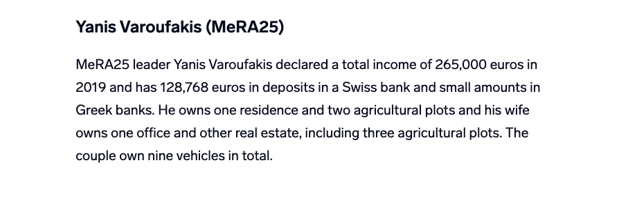 Yanis Varoufakis (MeRA25) MeRA25 leader Yanis Varoufakis declared a total income of 265,000 euros in 2019 and has 128,768 euros in deposits in a Swiss bank and small amounts in Greek banks. He owns one residence and two agricultural plots and his wife owns one office and other real estate, including three agricultural plots. The couple own nine vehicles in total. Greece’s political leaders declare their assets: Find out how much they earn https://neoskosmos.com/en/2020/05/12/uncategorized/greeces-political-leaders-declare-their-assets-find-out-how-much-they-earn/