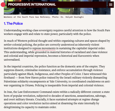 Iran’s Indigenous Labor Movement and Working Class Sovereignty https://progressive.international/blueprint/e57562a0-4dbd-479f-b77d-ed23bee16394-irans-indigenous-labor-movement-and-working-class-sovereignty/en/ Published January 6, 2026 (not 2025)