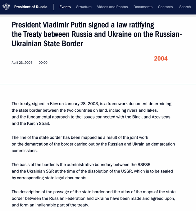 President Vladimir Putin signed a law ratifying the Treaty between Russia and Ukraine on the Russian-Ukrainian State Border, April 23, 2004 http://en.kremlin.ru/events/president/news/30820 Treaty between Ukraine and the Russian Federation on the Ukrainian-Russian State border, January 28, 2003 https://treaties.un.org/Pages/showDetails.aspx?objid=08000002803fe18a