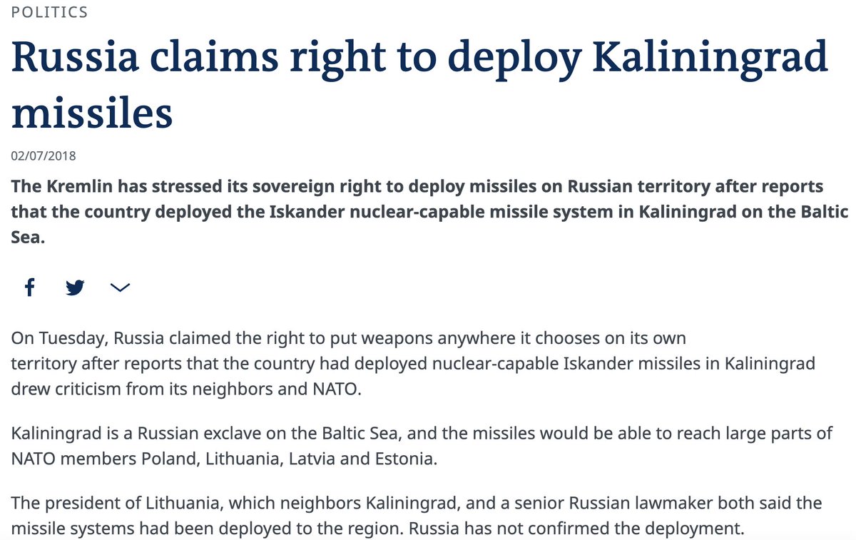 The Kremlin has stressed its sovereign right to deploy missiles on Russian territory after reports that the country deployed the Iskander nuclear-capable missile system in Kaliningrad on the Baltic Sea. Russia claims right to deploy Kaliningrad missiles https://www.dw.com/en/russia-deploys-nuclear-capable-missile-system-in-kaliningrad-reports/a-42474925