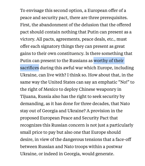 To envisage this second option, a European offer of a peace and security pact, there are three prerequisites. First, the abandonment of the delusion that the offered pact should contain nothing that Putin can present as a victory. All pacts, agreements, peace deals, etc., must offer each signatory things they can present as great gains to their own constituency. Yanis Varoufakis: Why I went to Moscow: Russians are ready to compromise https://unherd.com/2026/04/why-i-went-to-moscow/ https://archive.ph/JSTnL