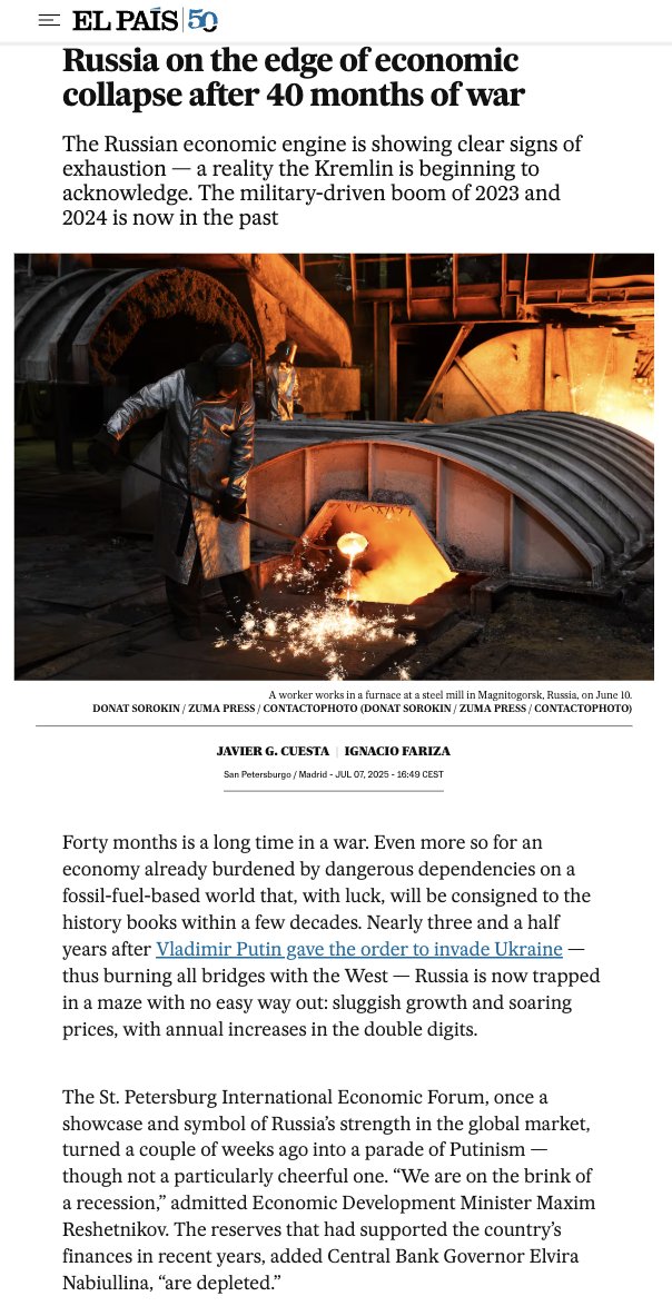 Russia is now trapped in a maze with no easy way out: sluggish growth and soaring prices, with annual increases in the double digits. The St. Petersburg International Economic Forum, once a showcase and symbol of Russia’s strength in the global market, turned a couple of weeks ago into a parade of Putinism — though not a particularly cheerful one. “We are on the brink of a recession,” admitted Economic Development Minister Maxim Reshetnikov. The reserves that had supported the country’s finances in recent years, added Central Bank Governor Elvira Nabiullina, “are depleted.” Russia on the ...