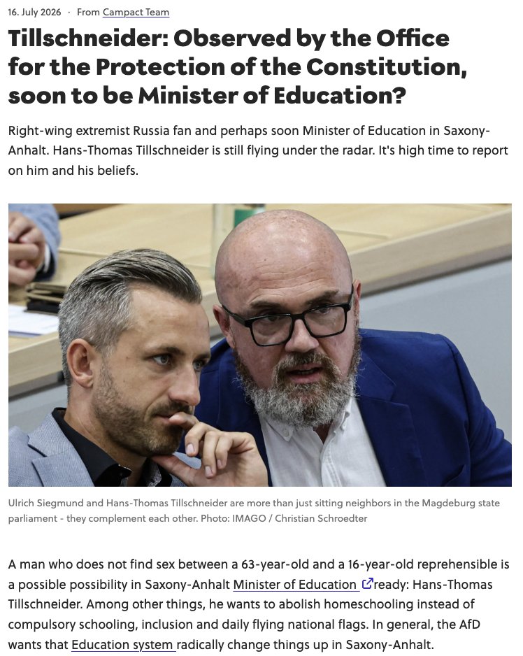 The potential education minister also defended 63-year-old singer-songwriter Konstantin Wecker’s sexual relationship with a 16-year-old schoolgirl: “So what? It was clearly consensual and she was over 16. Not illegal.” Tillschneider dismissed the reporting as “anti-male propaganda.”